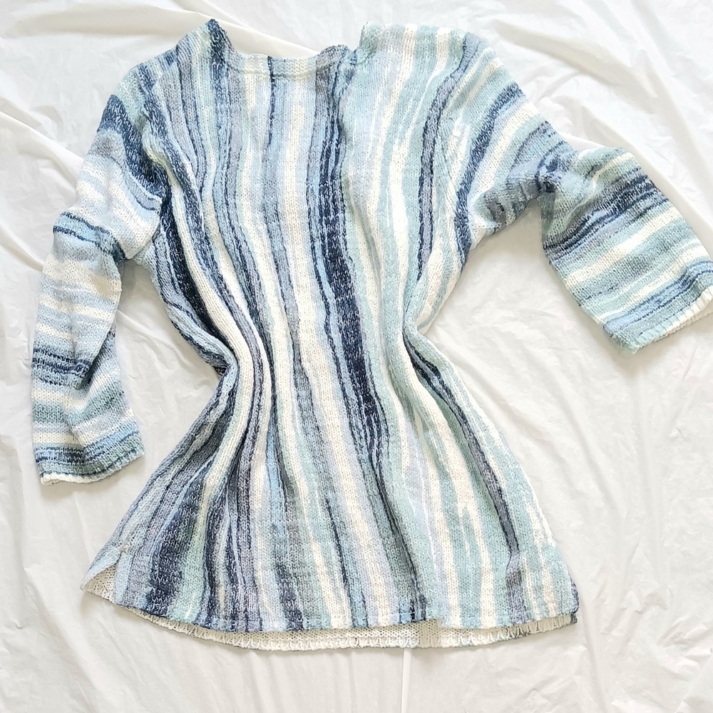Nic+Zoe Striped Blue and White Cotton Knit Top, Small